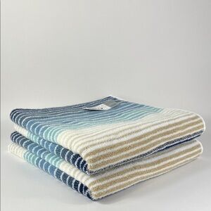 Casaba Bath Towels Tan Blue White Striped Quick Dry Zero Twist Cotton 2 Pc NEW